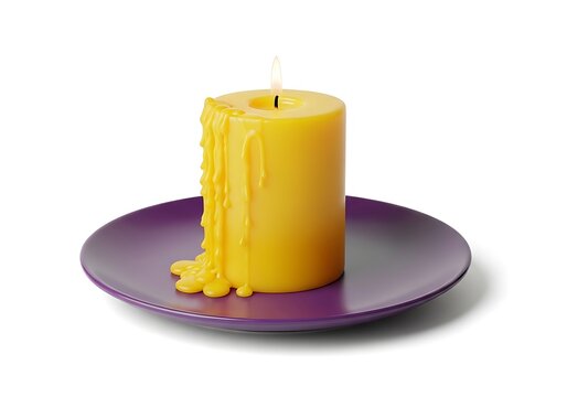 Melting yellow candle on purple plate