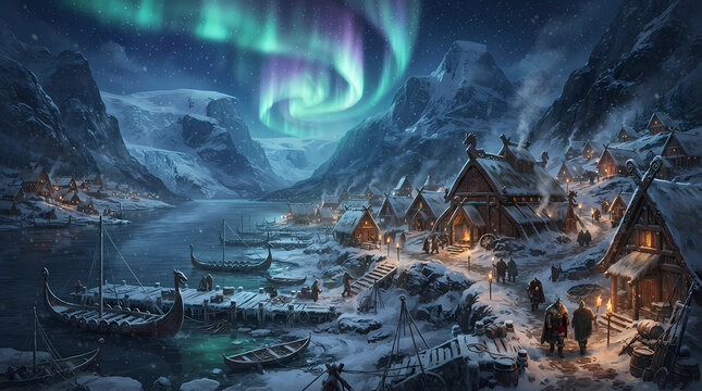 Viking village under northern lights. Ancient Nordic settlement in a snowy winter landscape.