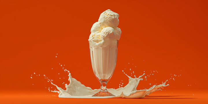 A creamy vanilla milkshake splashing in a tall glass, with a vibrant orange background. The dessert is topped with generous scoops of ice cream, creating a refreshing and indulgent treat