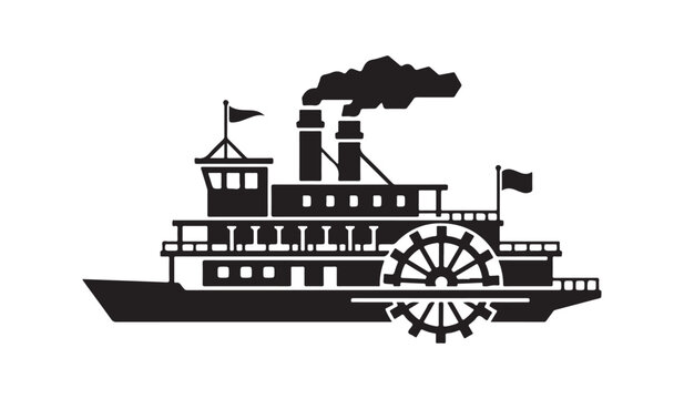 Classic steam paddle boat silhouette icon with steamboat paddleboat riverboat nautical transportation.