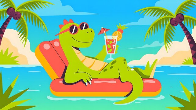 Beach life vector illustration of a dinosaur enjoying a cocktail on a float with palm trees for summer vacation designs and tropical-themed projects