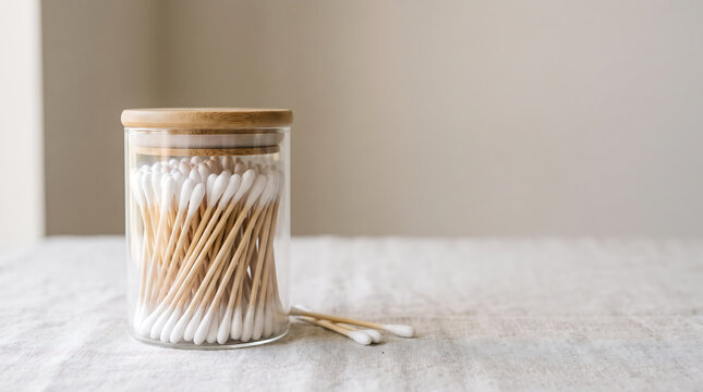 Sustainable bamboo cotton swabs in a minimalist glass jar with wooden lid on a neutral linen cloth