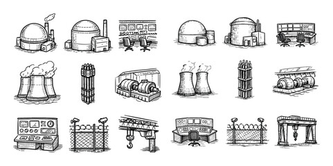 Industrial and factory concept icons with control panel, cooling tower and crane for presentation design in hand drawn style © Olena