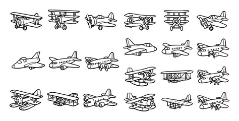 Vintage and modern airplane concept icons with biplane, jet and propeller for infographic design in hand drawn style © Olena