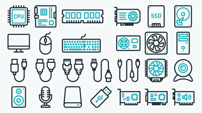 PC Hardware and Computer Accessories Icon Set. Outline vector icons of CPU, motherboard, external drive, cables, and components.
