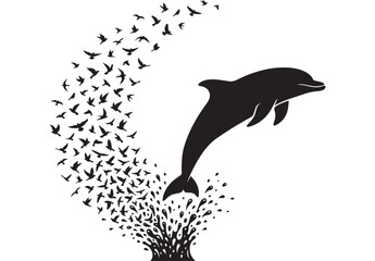 Naklejka premium Dolphin Leaping with Birds and Splashing Water in Artistic Black and White Illustration Featuring Splash, Silhouette, Marine