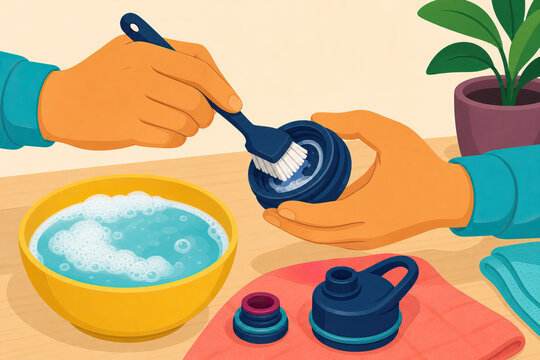 Hands scrubbing a reusable water bottle lid in soapy water with a brush, emphasizing cleanliness and sustainable living