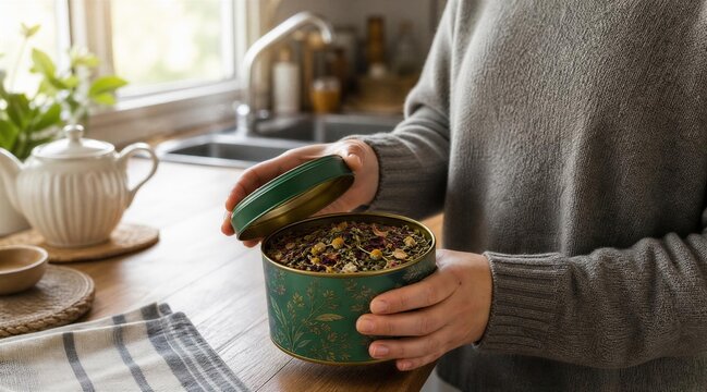 Hands Opening Herbal Tea Tin in Cozy Kitchen