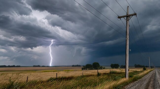 Rural lightning storm with fields and power lines