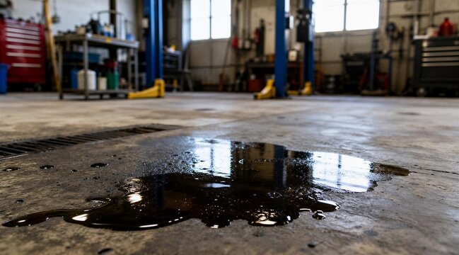 Oil Spill on Garage Floor in Auto Repair Workshop