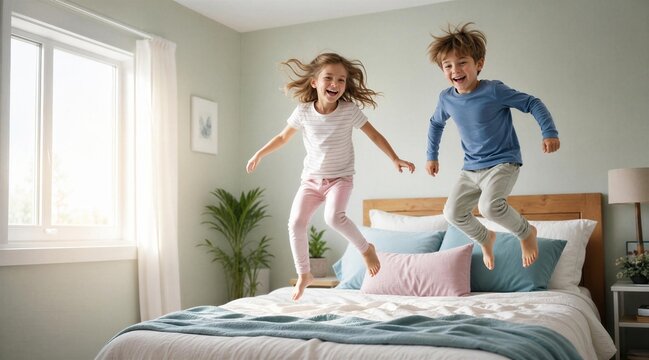 Happy Children Jumping on Bed in Bright Bedroom