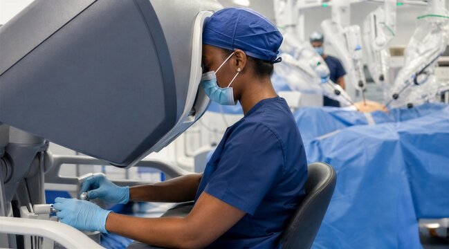 Surgeon Operating Robotic Surgery Console in Hospital