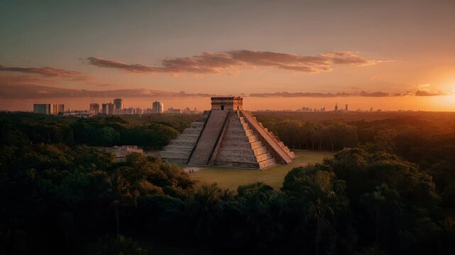 Maya Aztec civilization, Mexico culture. Mysterious, fantasy. A vivid portrayal of a Mayan civilization at sunset. The main subject is a large.