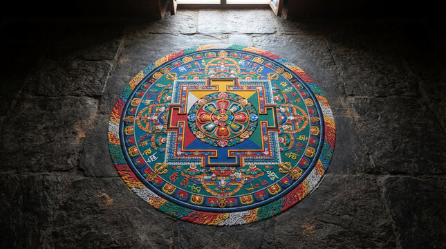 Colorful sand mandala on stone floor. Intricate Buddhist art pattern for meditation.
