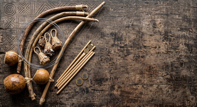 Top down view of Brazilian Berimbau capoeira tools on geometric motif wood