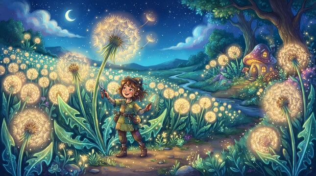 Little girl in a magical dandelion field. Fantasy child exploring a glowing night meadow.