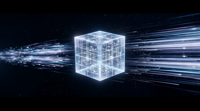 Cube of glowing data streams radiates intense blue light while hurtling through a dark digital abyss to represent the rapid transmission of information across global communication networks today.