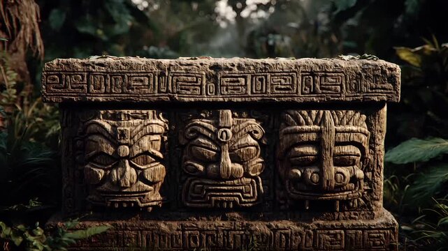 Maya Aztec civilization, Mexico culture. Mysterious, fantasy. A vivid portrayal of an ancient stone structure, likely a temple or shrine, set in a lush, tropical forest.
