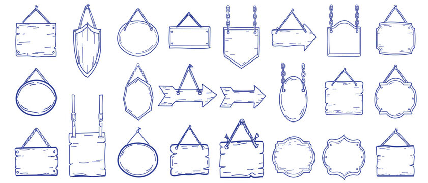 Set of hand drawn wooden hanging signs with ropes and chains on transparent background.