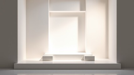 Fototapeta premium Minimalist white stage. Geometric shapes create recessed alcove. Bright light emphasizes clean lines, shadows. Modern presentation space.