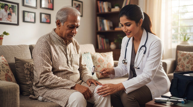 Indian Female Doctor Performing Knee Reflex Test on Senior Man During Home Healthcare Visit in Traditional Indian Home