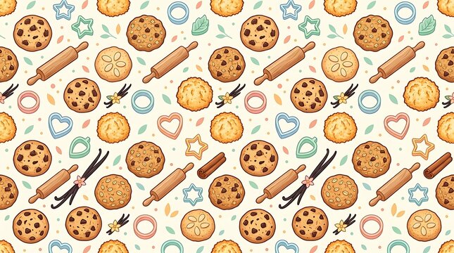 Baking ingredients and homemade cookies seamless pattern with seamless, culinary