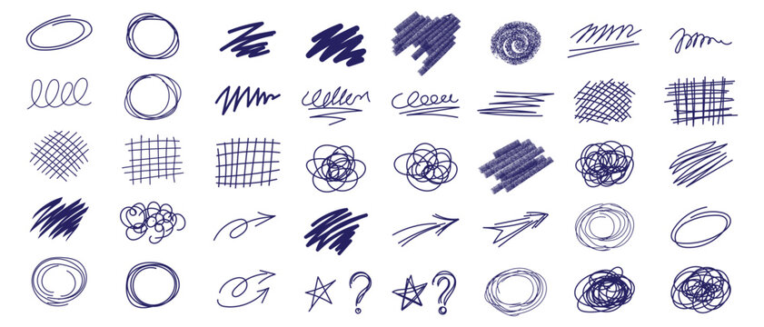 Vector set of hand drawn blue pen scribbles circles and sketch markers.