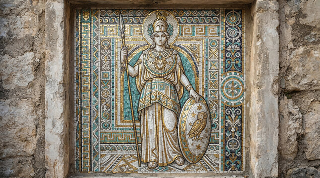 Ancient Greek mosaic of Athena. Goddess of wisdom depicted in a historic stone wall art.