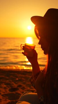 Silhouette profile portrait, a girl enjoys tea during dusk by the ocean. Close up static handheld framing shot.