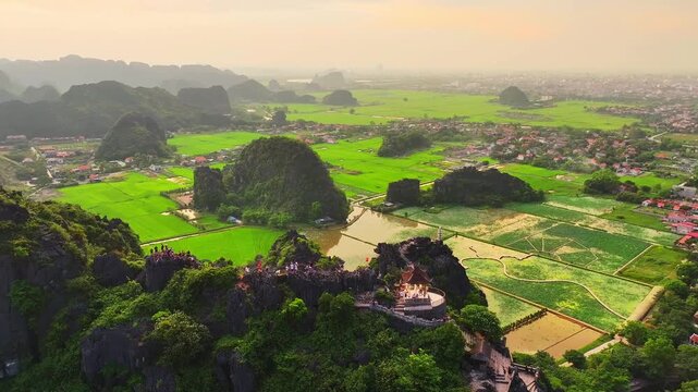 Aerial sunset view of Hang Mua viewpoint and the picturesque landscape of Ninh Binh in Vietnam