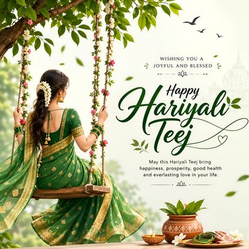 Happy hariyali teej festive greeting card with woman on flower decorated swing and traditional offerings hariyali festival tradition celebration