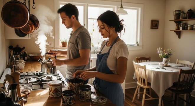 Chef couple preparing gourmet meal in modern kitchen. Professional cooks cooking together with fresh ingredients and stainless steel cookware.