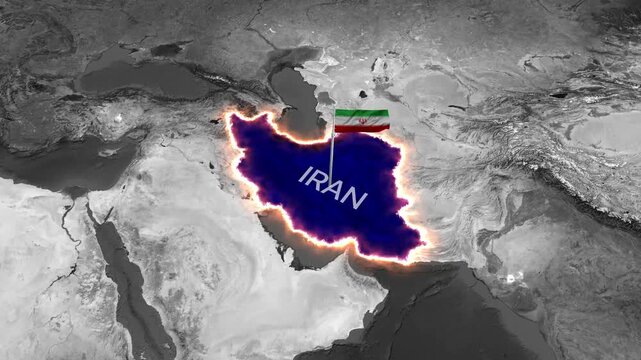 3D map of Iran highlighted with a glowing border and national flag