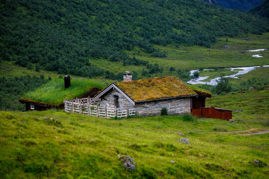 Traditional Norwegian mountain cabins with grass roofs in a scenic valley