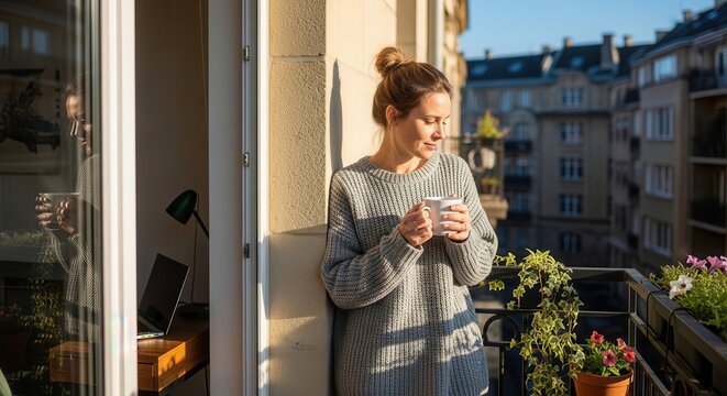 Middle-aged woman checking smartphone outdoors on balcony. Female professional reading messages in urban home garden setting.