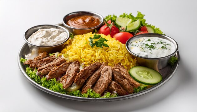 lamb gyro platter with yellow saffron rice fresh vegetables tzatziki sauces on white background