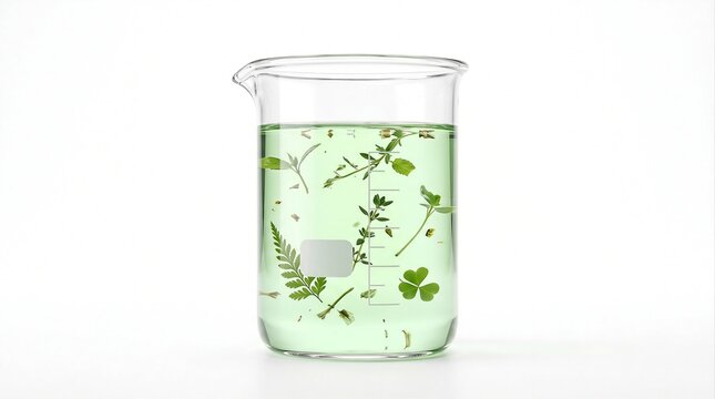 Glass laboratory beaker containing botanical plant extract with green leaves suspended in liquid, isolated on white background. Concept of biotechnology, herbal skincare, natural cosmetics and scienti