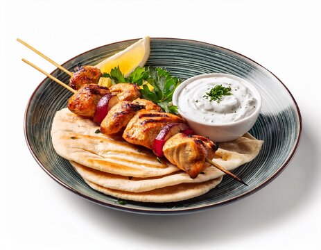 souvlaki chicken with tzatziki sauce isolated on white background