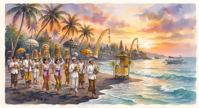Watercolor Illustration of Balinese Hindu Ceremony at Sunset Beach with Ogoh Ogoh Statue and People in Traditional Clothes
