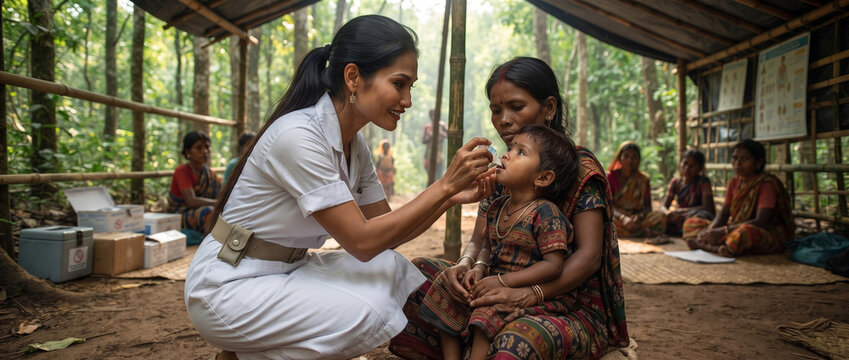 Indian Community Health Nurse Administering Oral Vaccine Drops to Tribal Child at Remote Forest Medical Camp &ndash; Rural Immunization and Public Health Outreach