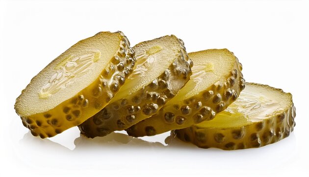 sliced dill pickles isolated on white background