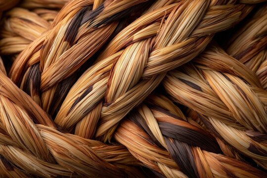 Braided sweetgrass rope coiled tightly, firm and springy texture. Natural fiber background with intricate weaving pattern