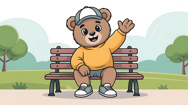 Friendly teddy bear character vector illustration sitting on a park bench wearing a cap and yellow sweatshirt, cheerfully raising a hand to wave hello. 