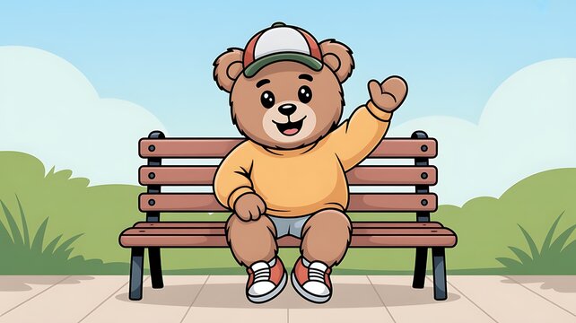 Friendly teddy bear character vector illustration sitting on a park bench wearing a cap and yellow sweatshirt, cheerfully raising a hand to wave hello. 
