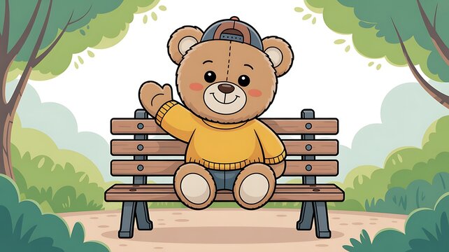 Friendly teddy bear character vector illustration sitting on a park bench wearing a cap and yellow sweatshirt, cheerfully raising a hand to wave hello. 