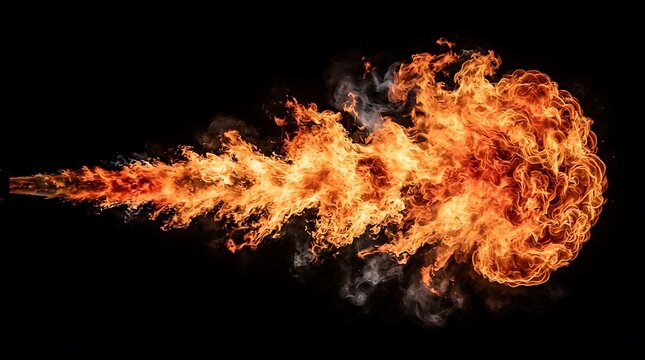 Powerful stream of fire flames isolated on black background with explosion