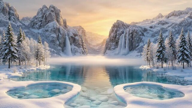 Breathtaking Winter Landscape Featuring Frozen Lake Mountains and Gentle Falling Snow at Sunset