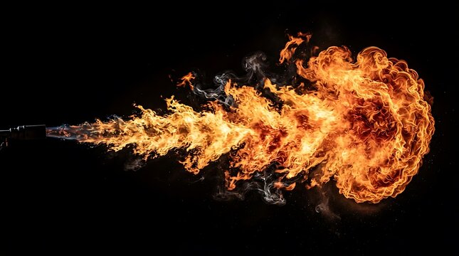 Large jet of fire flames erupting on black background with explosion, isolated