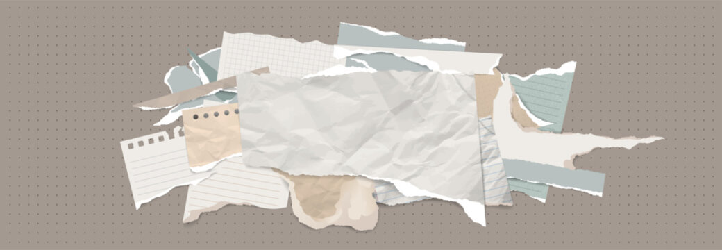 Realistic torn paper pieces collection. Pile of ripped paper sheets for collage and creative design. Vector illustration.