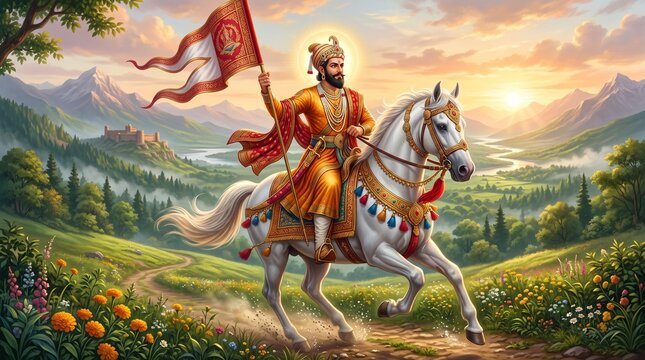 Illustration of baba ramdev on horse Clouds & Rays